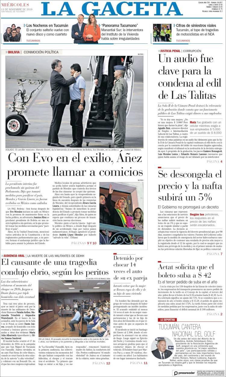 Tapas de diarios, La Gaceta miércoles 13-11-19