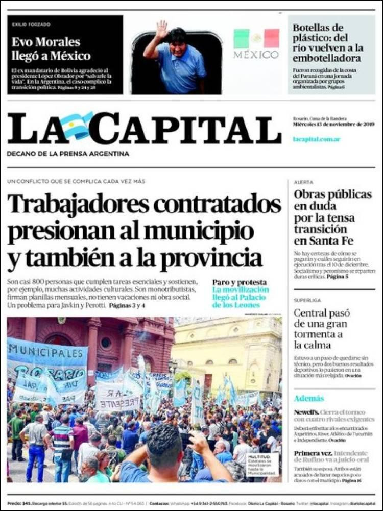 Tapas de diarios, La Capital miércoles 13-11-19