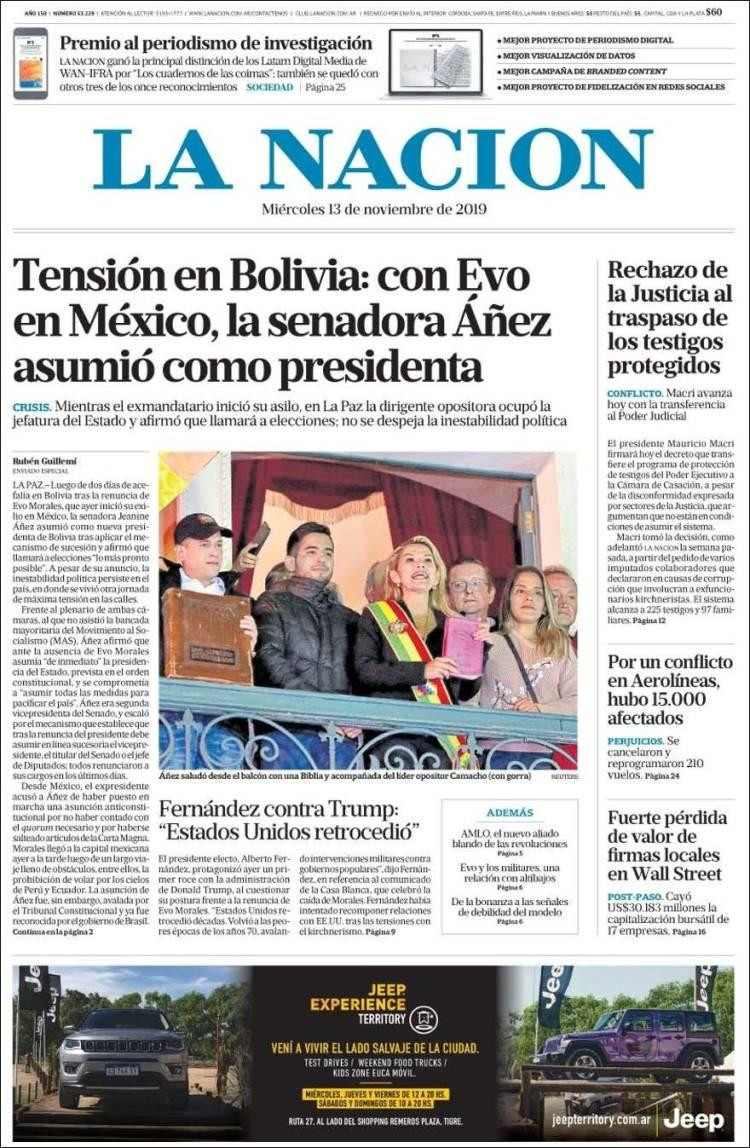 Tapas de diarios, La Nación miércoles 13-11-19