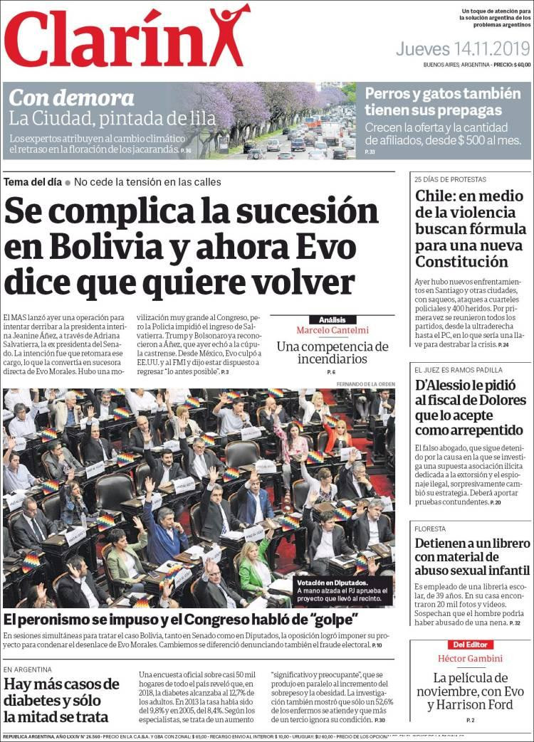 Tapas de diarios, Clarín  jueves 14-11-19