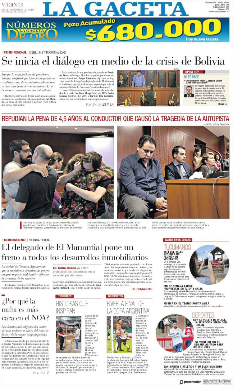 Tapas de diarios, La Gaceta viernes 15-11-19
