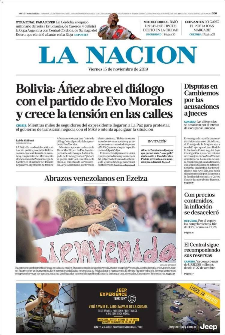 Tapas de diarios, La Nación viernes 15-11-19