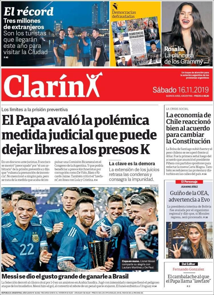Tapas de diarios, Clarín, sábado 16 de noviembre de 2019	
