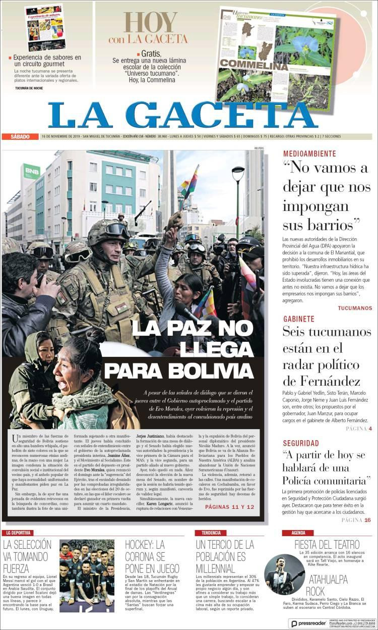 Tapas de diarios, La Gaceta, sábado 16 de noviembre de 2019	