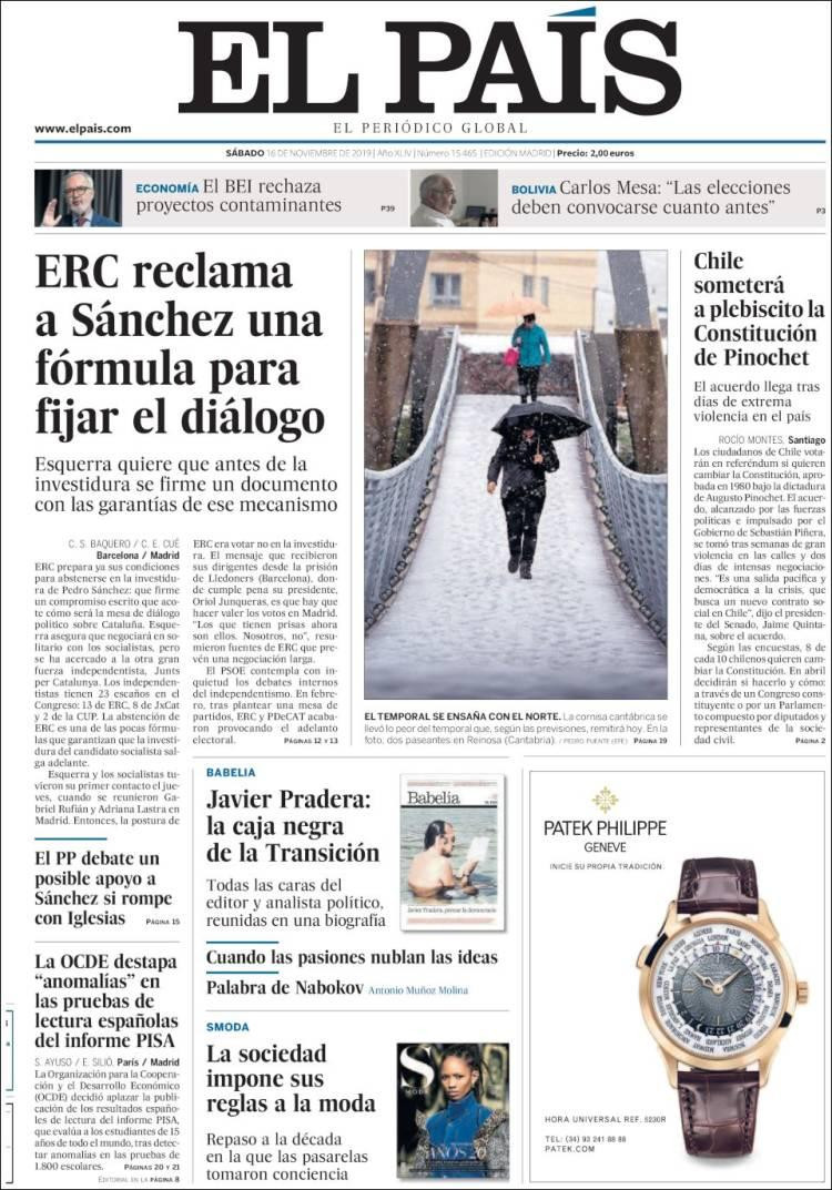 Tapas de diarios, El País, sábado 16 de noviembre de 2019	