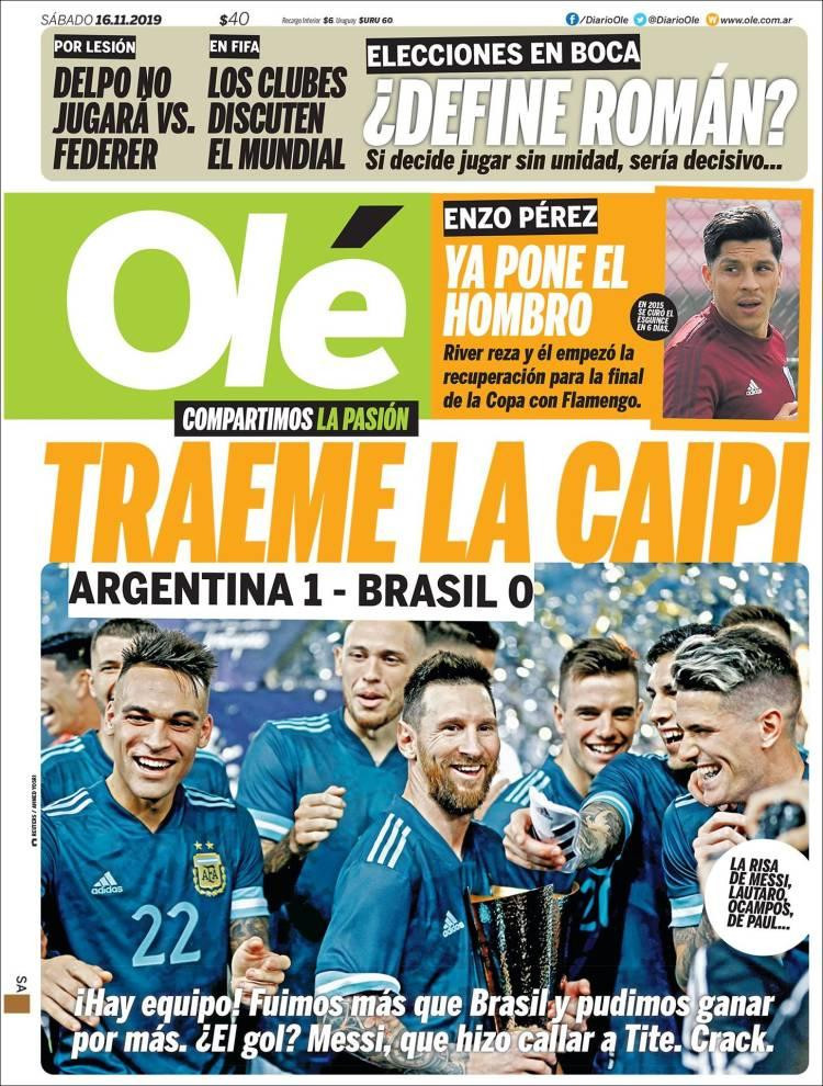 Tapas de diarios, Olé, sábado 16 de noviembre de 2019	