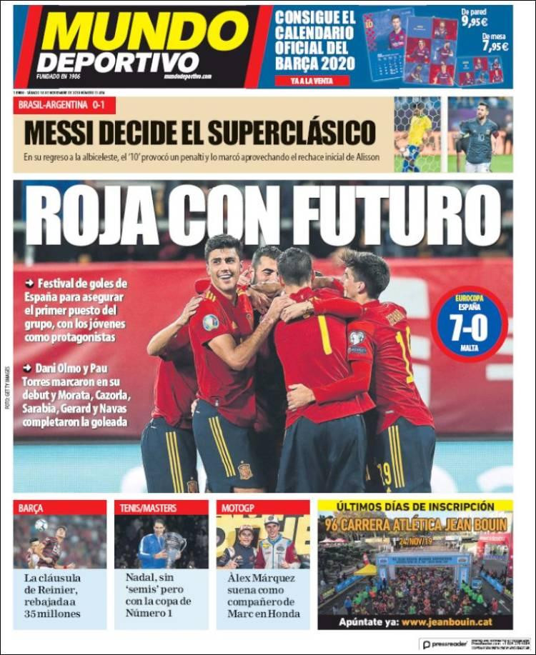 Tapas de diarios, Mundo Deportivo, sábado 16 de noviembre de 2019	