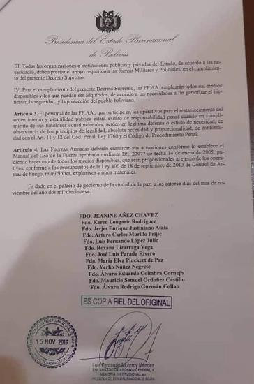 Decreto firmado por Áñez, Bolivia