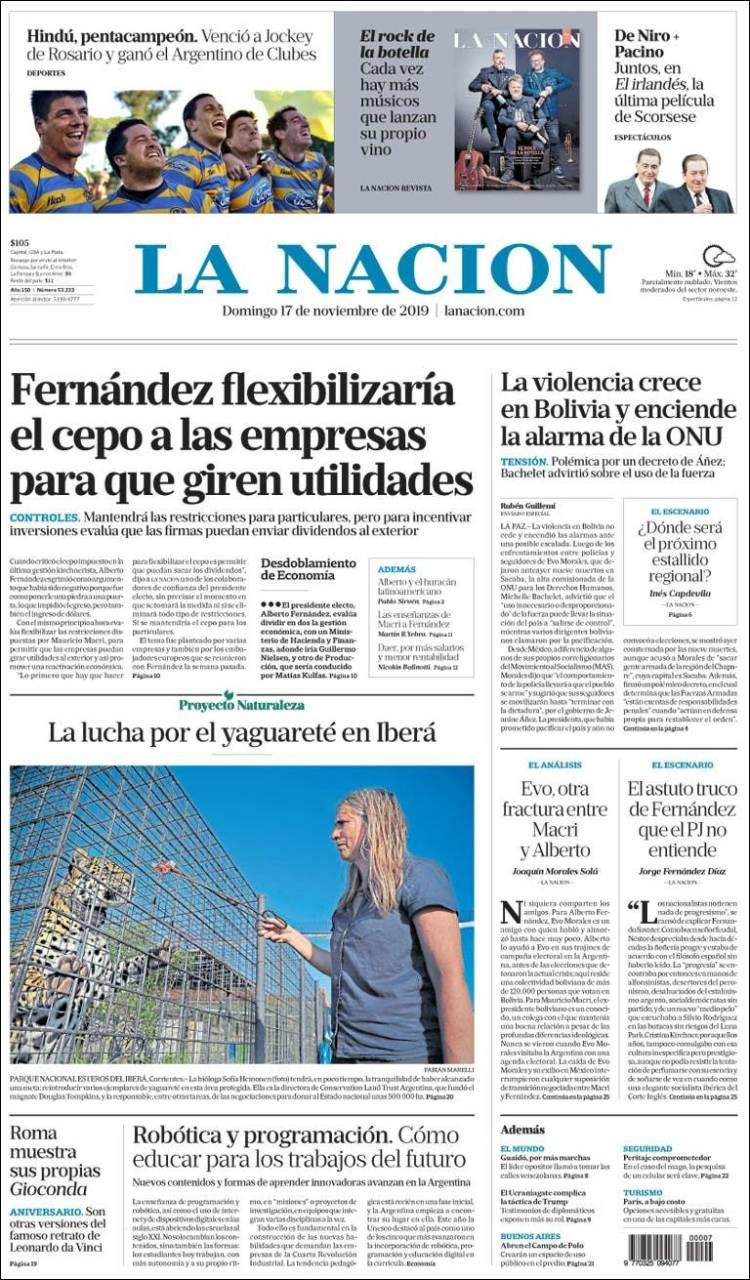 Tapas de diarios, La Nación, domingo 17 de noviembre de 2019	