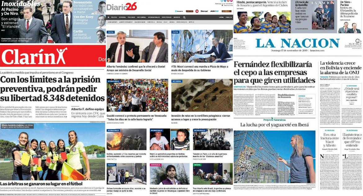 Tapas de diarios argentinos, domingo 17 de noviembre de 2019	