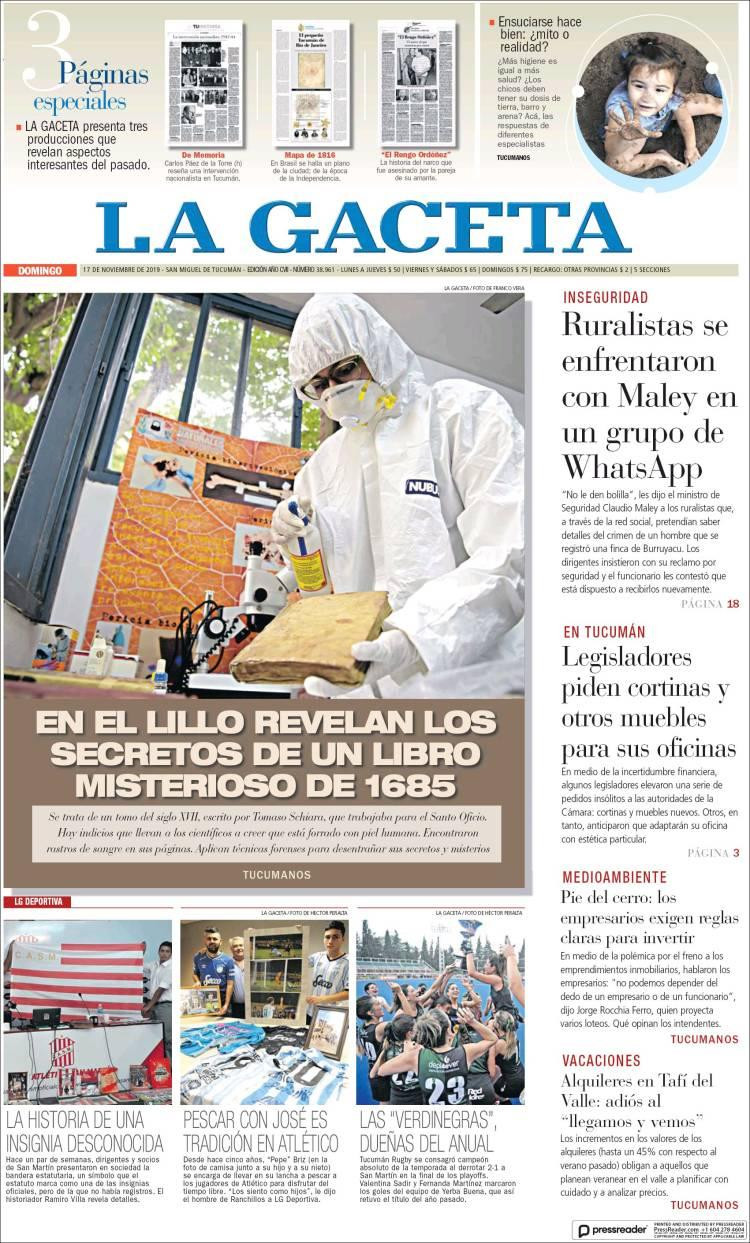 Tapas de diarios, La Gaceta, domingo 17 de noviembre de 2019	