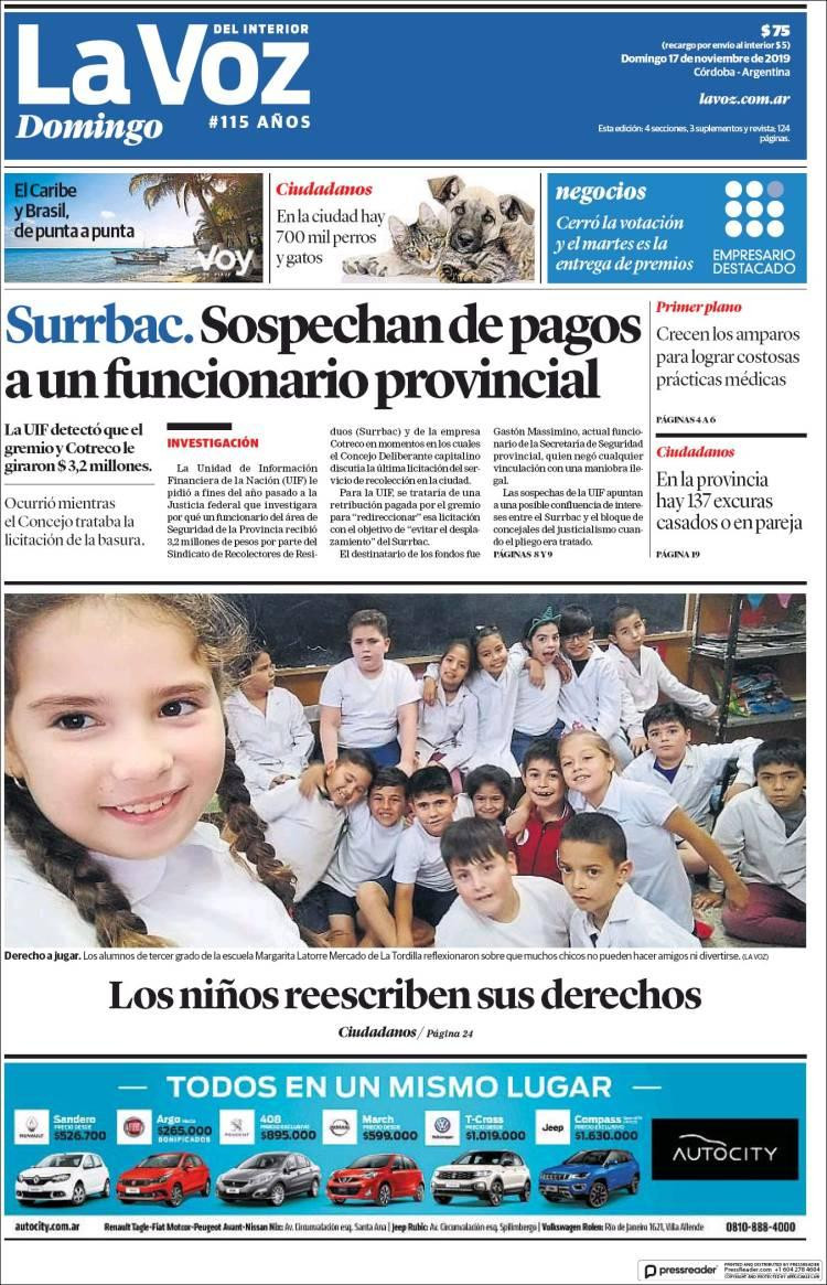 Tapas de diarios, La Voz, domingo 17 de noviembre de 2019	