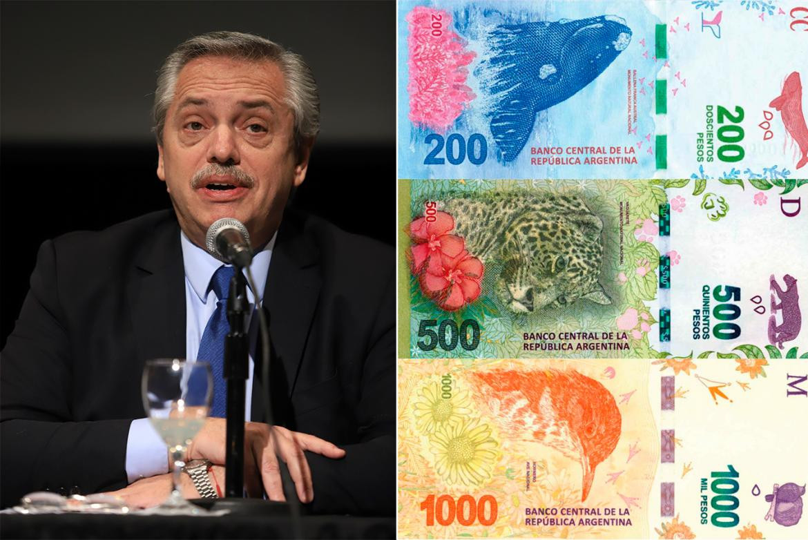 Alberto Fernández y billetes argentinos con animales