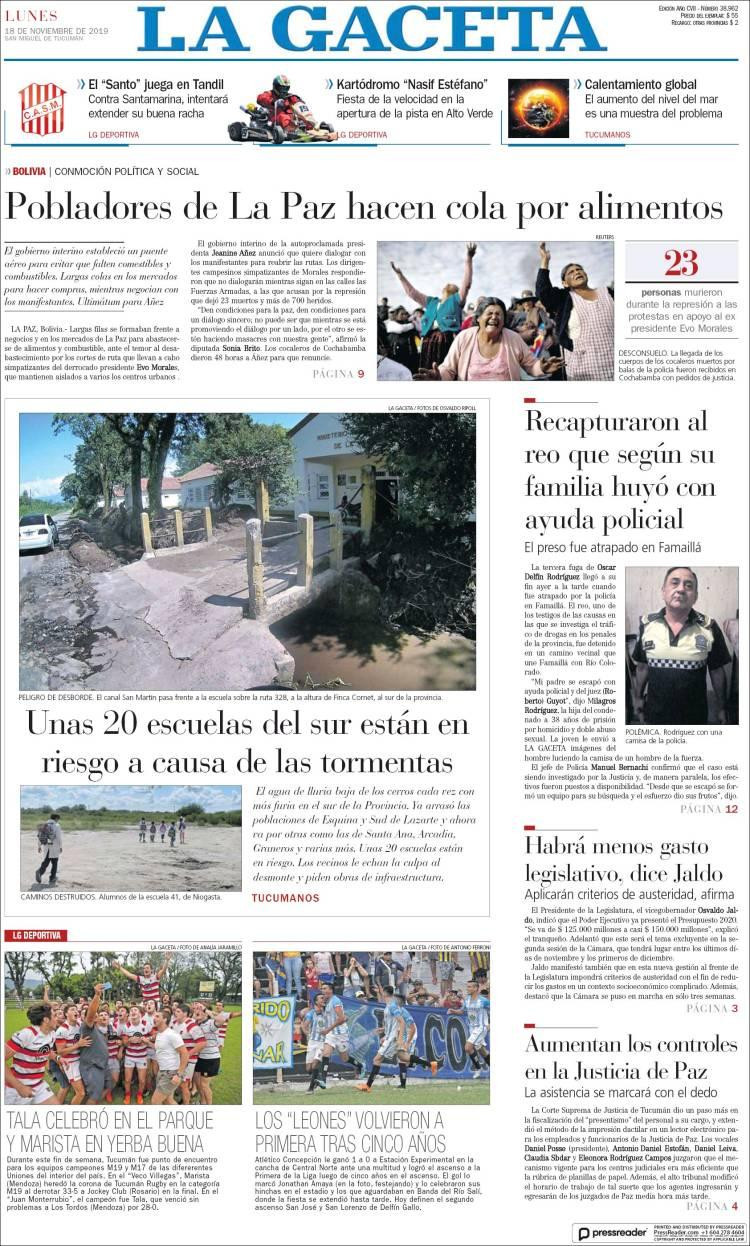 Tapas de diarios, La Gaceta, lunes 18-11-19