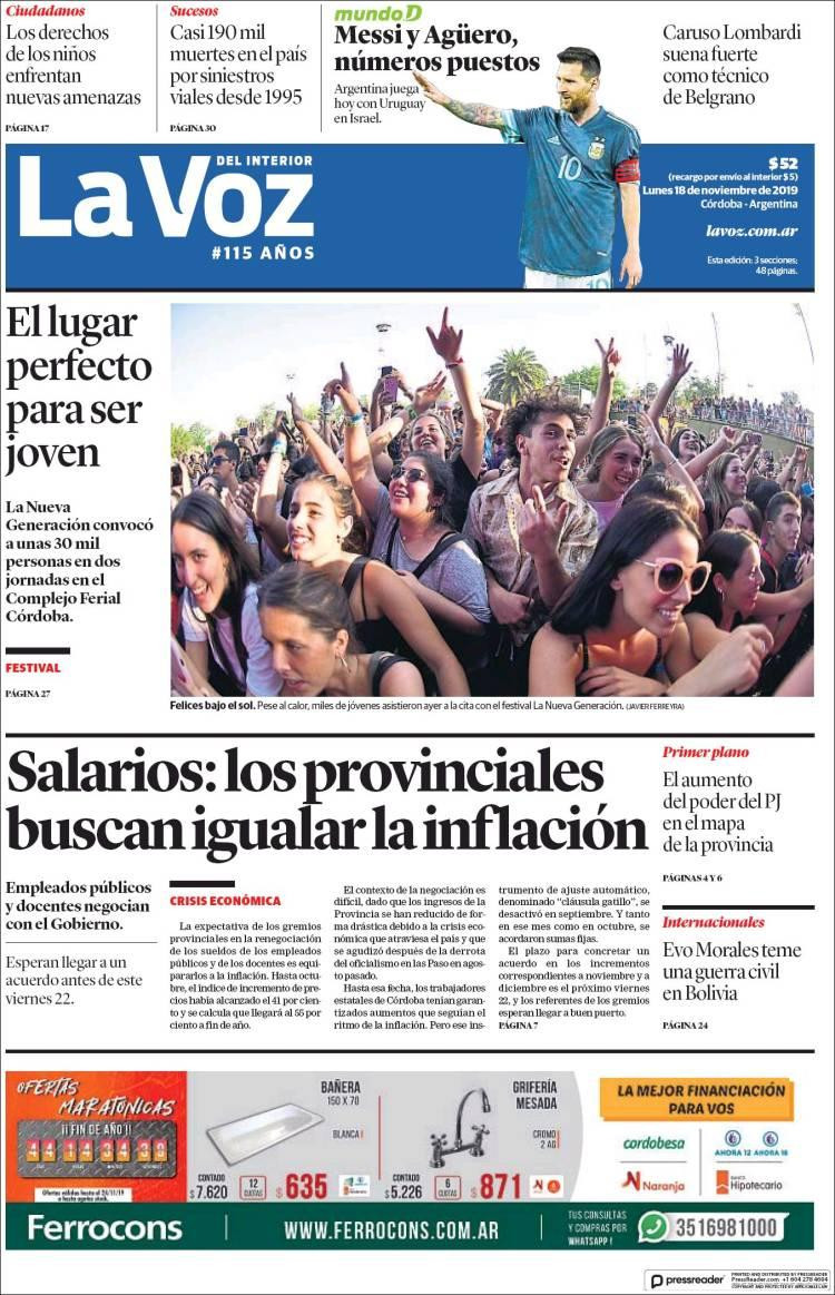 Tapas de diarios, La Voz, lunes 18-11-19