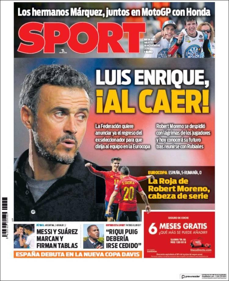 Tapas de diarios, Sport de España, martes 19-11-19