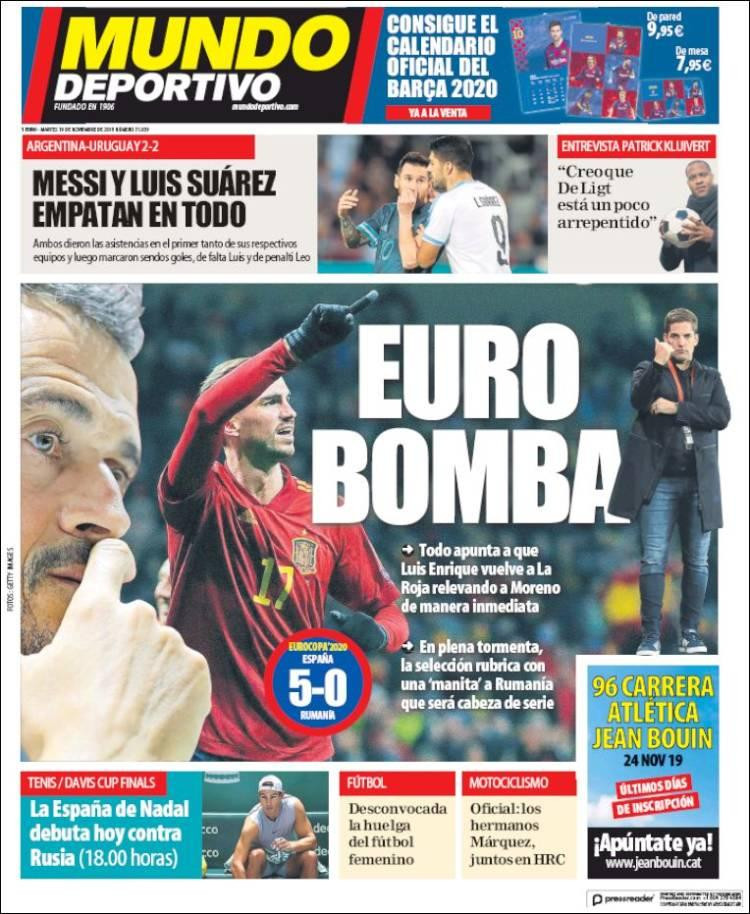 Tapas de diarios, Mundo Deportivo de España, martes 19-11-19