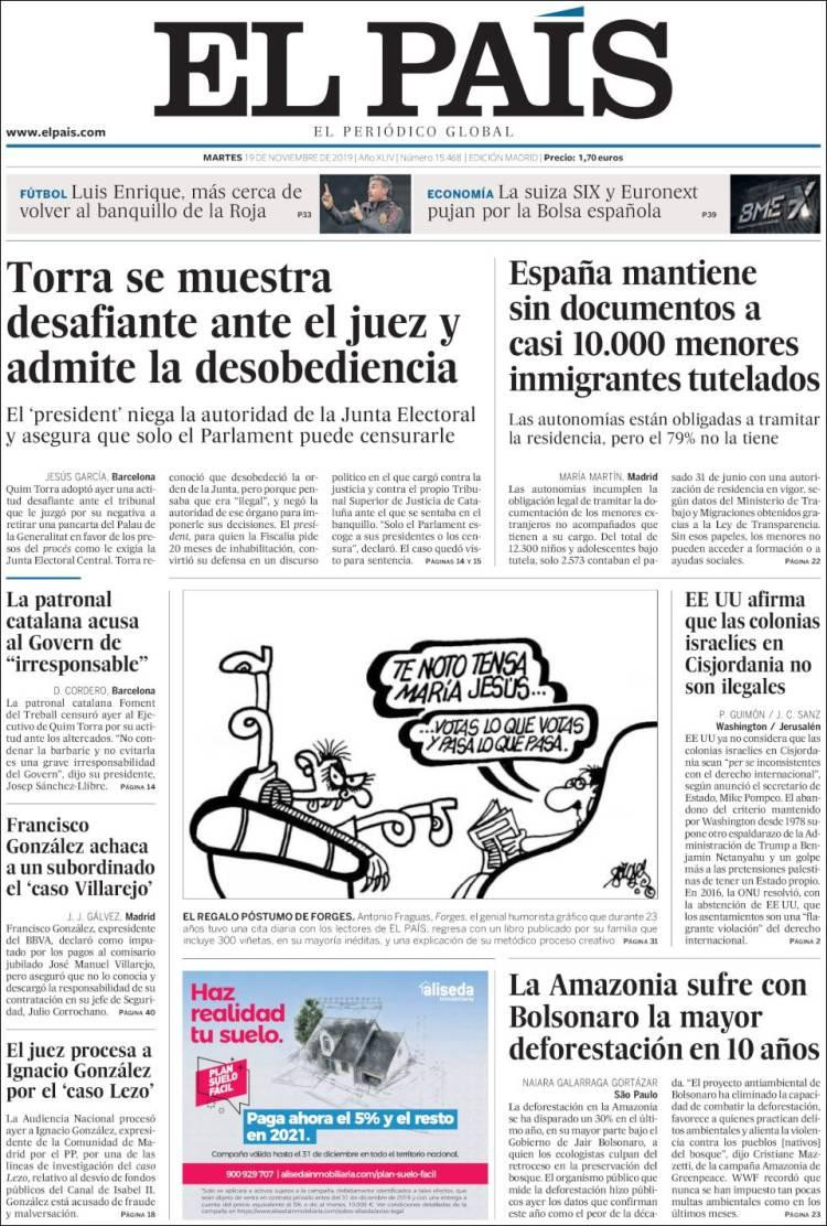 Tapas de diarios, El Pais de España, martes 19-11-19