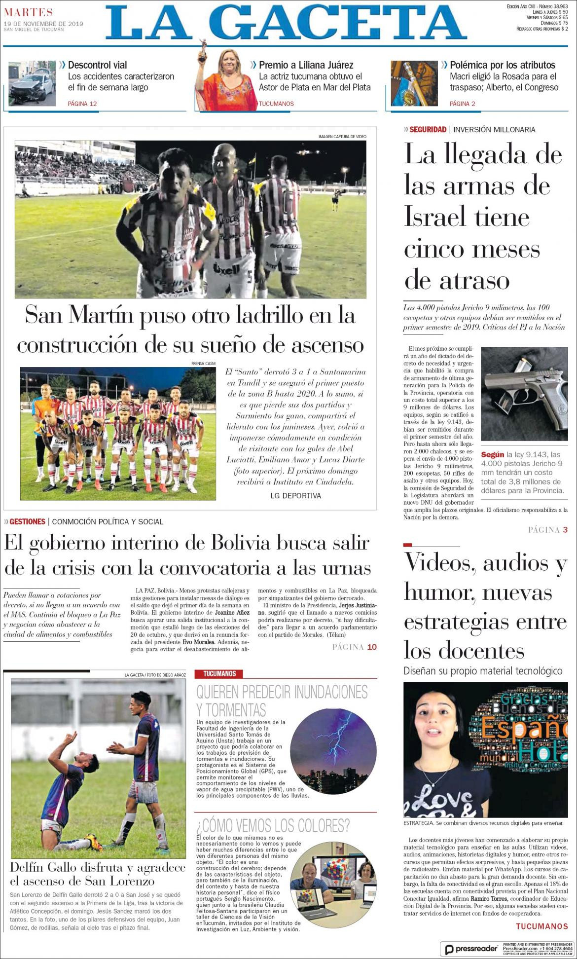 Tapas de diarios, La Gaceta, martes 19-11-19