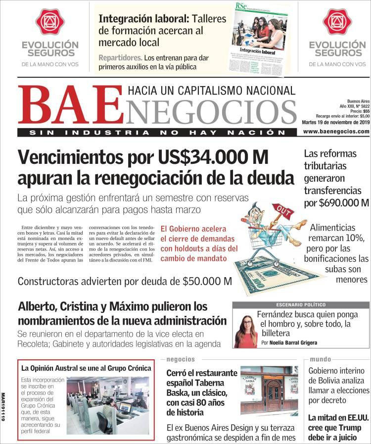 Tapas de diarios, BAE Negocios, martes 19-11-19