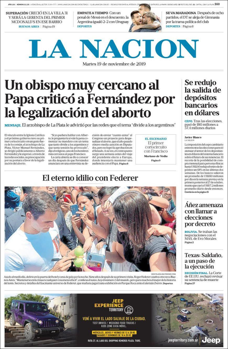 Tapas de diarios, La Nación, martes 19-11-19
