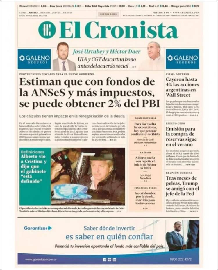 Tapas de diarios, El Cronista, martes 19-11-19
