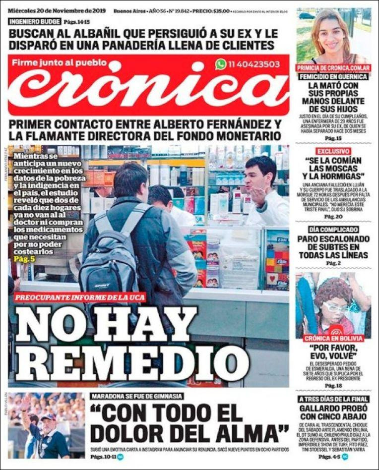 Tapas de diarios, Crónica, miércoles 20-11-19