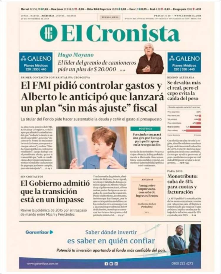 Tapas de diarios, El Cronista, miércoles 20-11-19