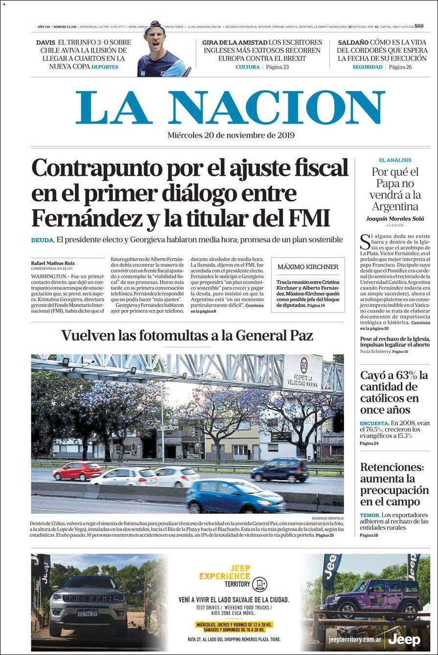 Tapas de diarios, La Nación, miércoles 20-11-19