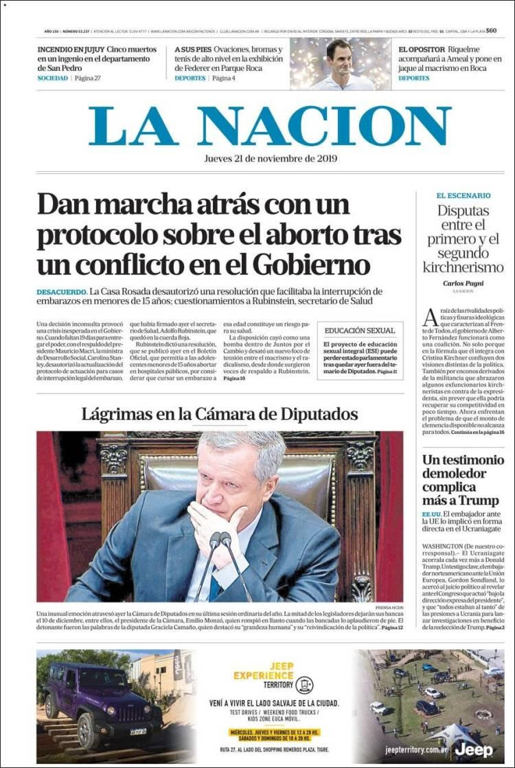 Tapas de diarios, La Nación, Jueves 21-11-19