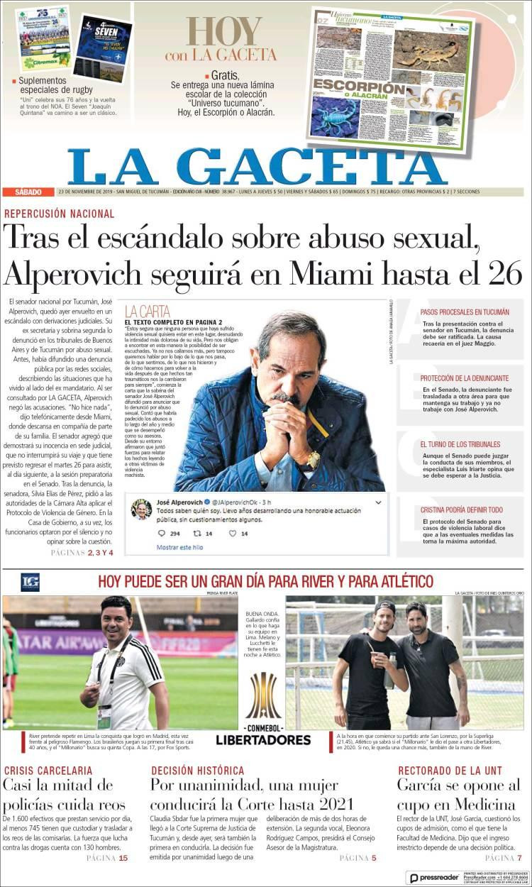 Tapas de diarios, La Gaceta, sábado 23 de noviembre de 2019