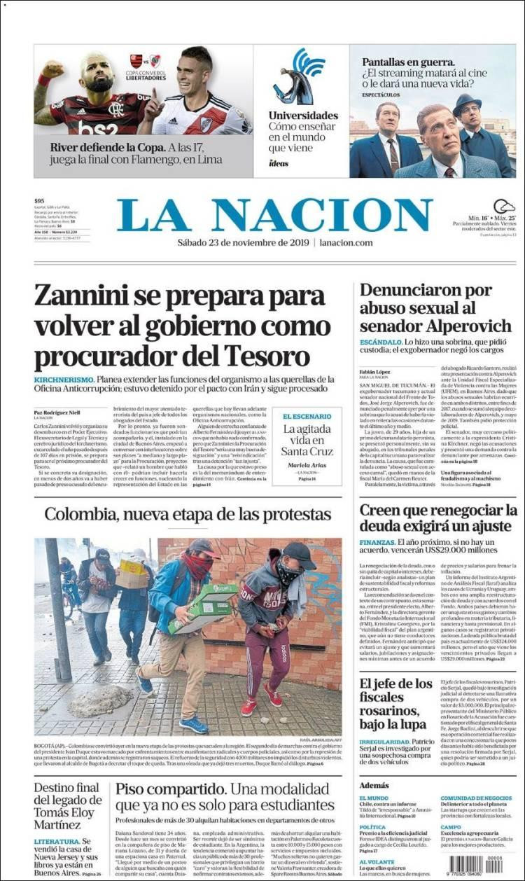 Tapas de diarios, La Nación, sábado 23 de noviembre de 2019