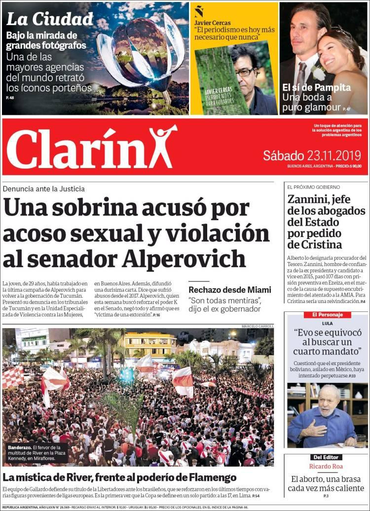 Tapas de diarios, Clarín, sábado 23 de noviembre de 2019