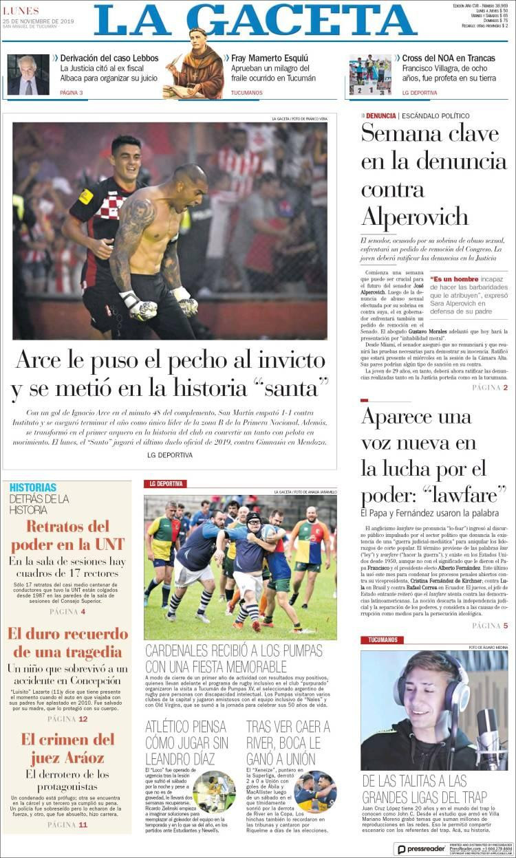 Tapas de diarios, La Gaceta, lunes 25 de noviembre de 2019