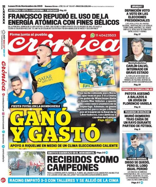 Tapas de diarios, Crónica, lunes 25 de noviembre de 2019