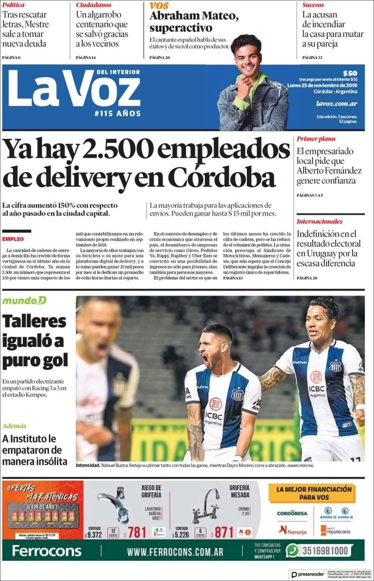 Tapas de diarios, La Voz, lunes 25 de noviembre de 2019