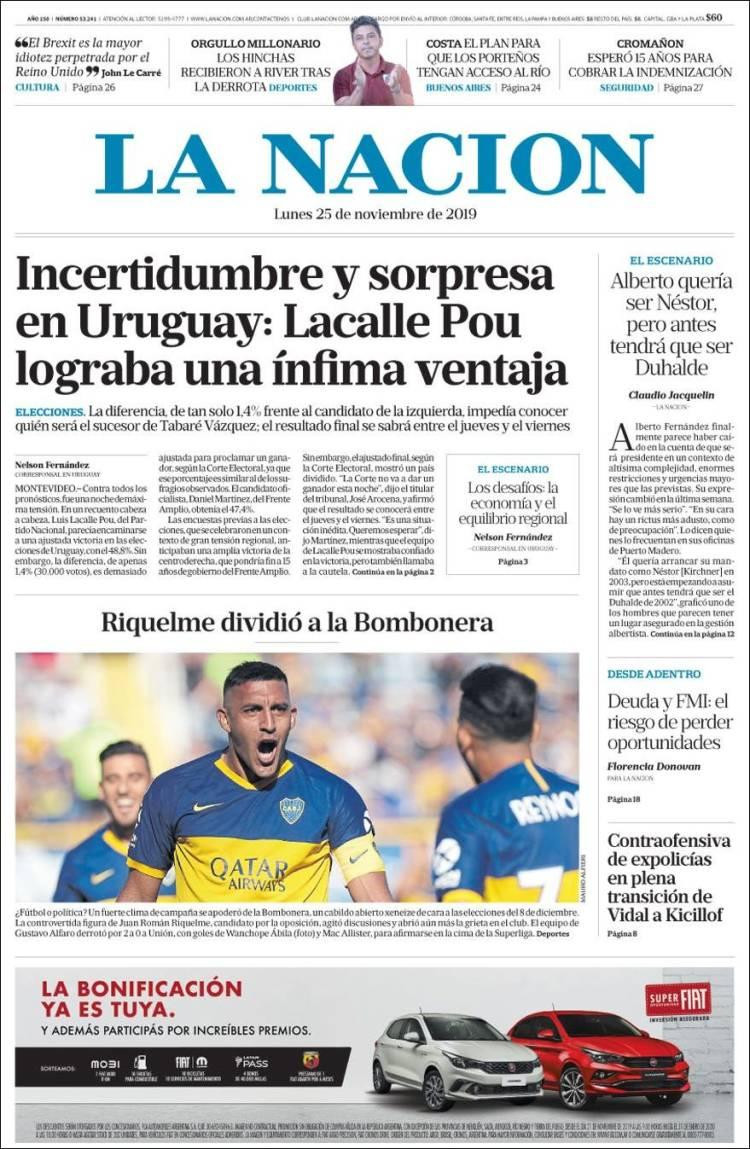 Tapas de diarios, La Nación, lunes 25 de noviembre de 2019