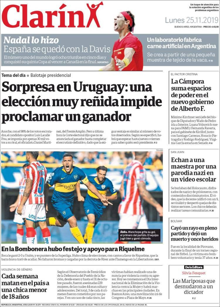 Tapas de diarios, Clarín, lunes 25 de noviembre de 2019