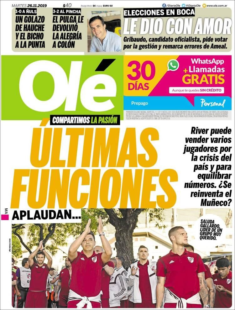 Tapas de diarios, Olé 26 de de noviembre de 2019