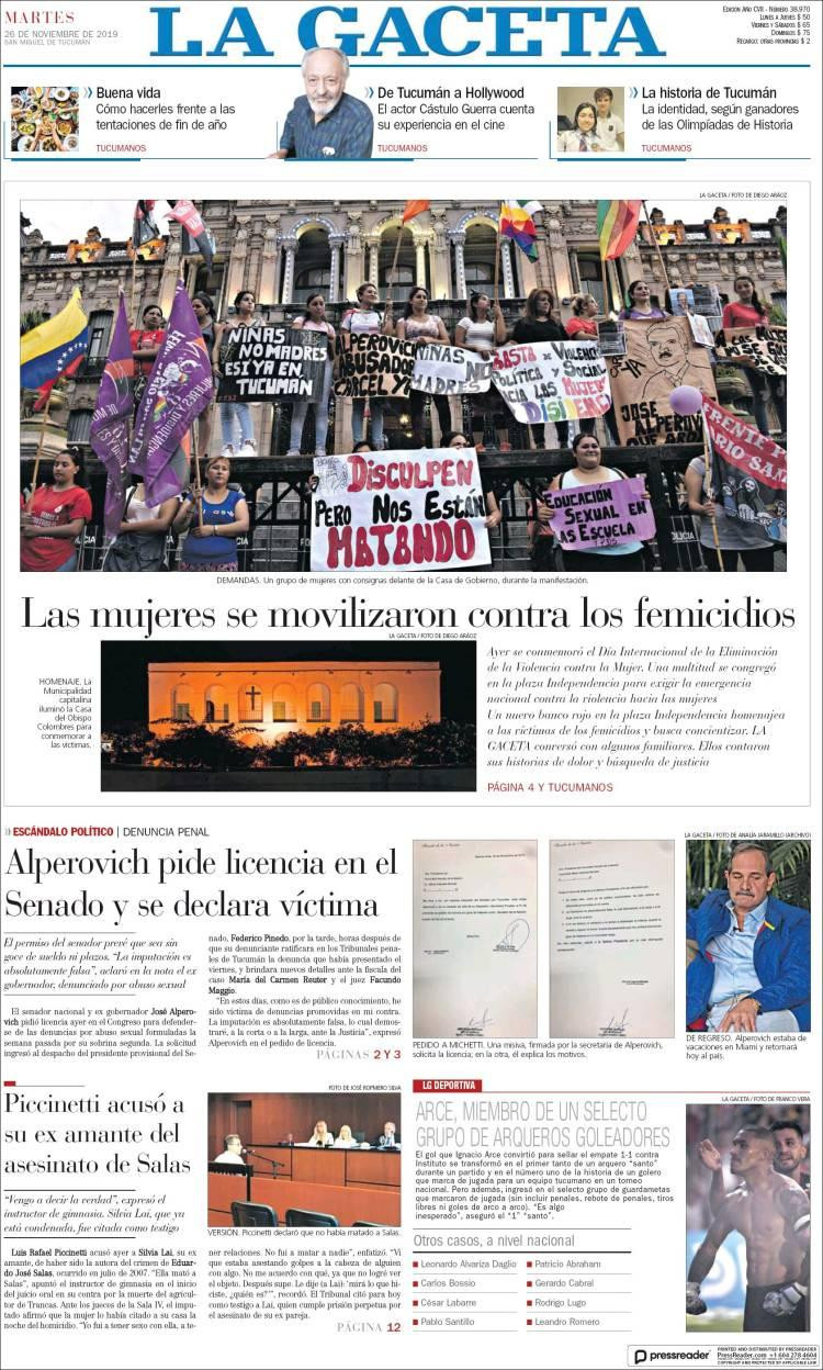 Tapas de diarios, La Gaceta 26 de de noviembre de 2019