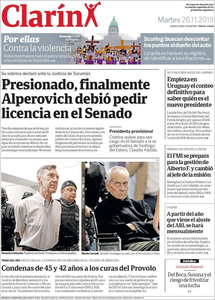 Tapas de diarios, Clarín 26 de de noviembre de 2019