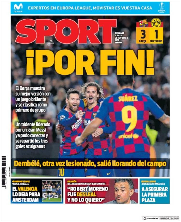 Tapas de diarios, Sport de España, jueves 28-11-19