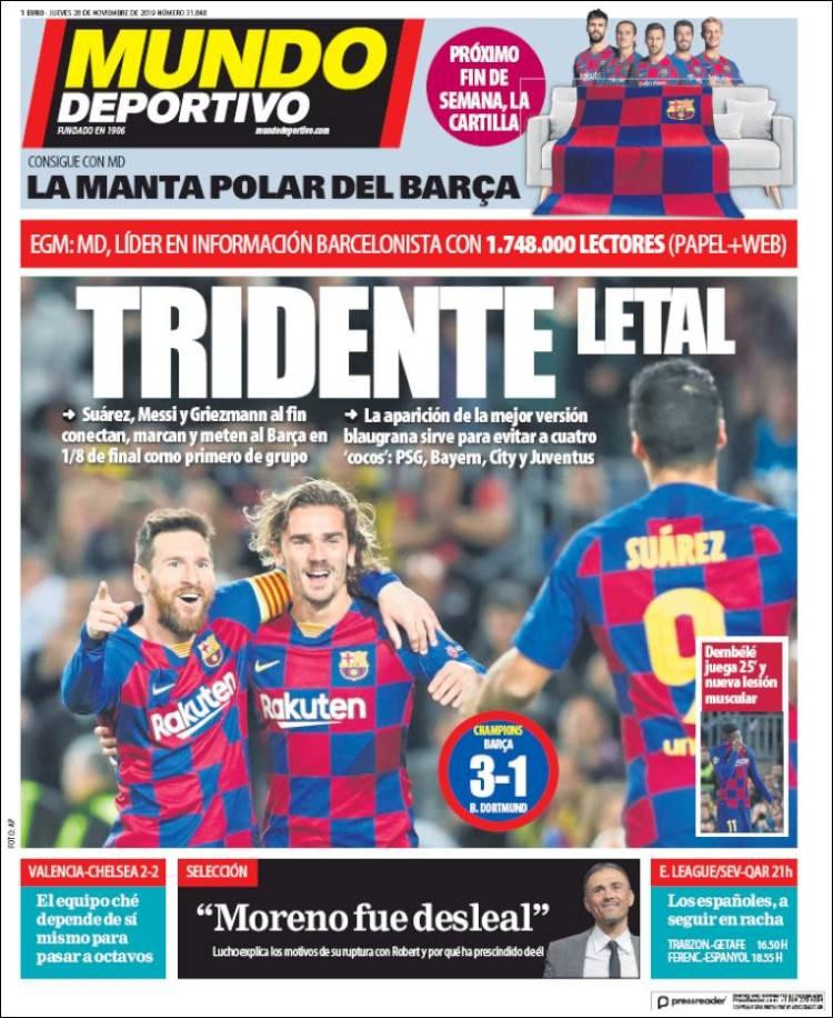 Tapas de diarios, Mundo Deportivo de España, jueves 28-11-19