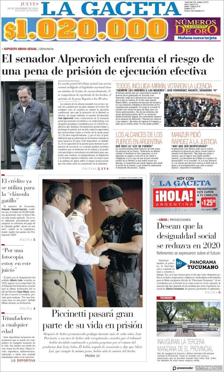 Tapas de diarios, La Gaceta, jueves 28-11-19
