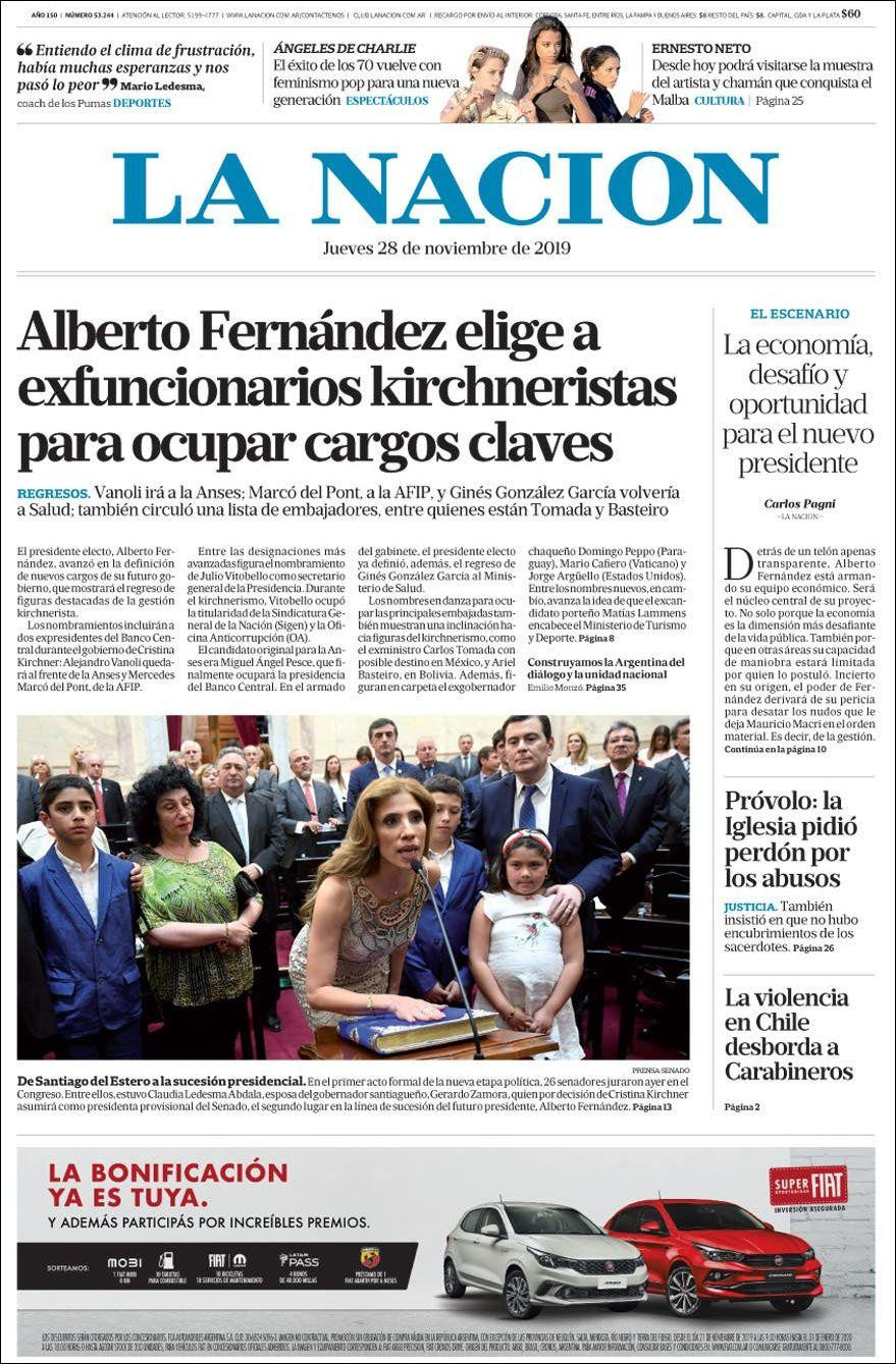 Tapas de diarios, La Nación, jueves 28-11-19