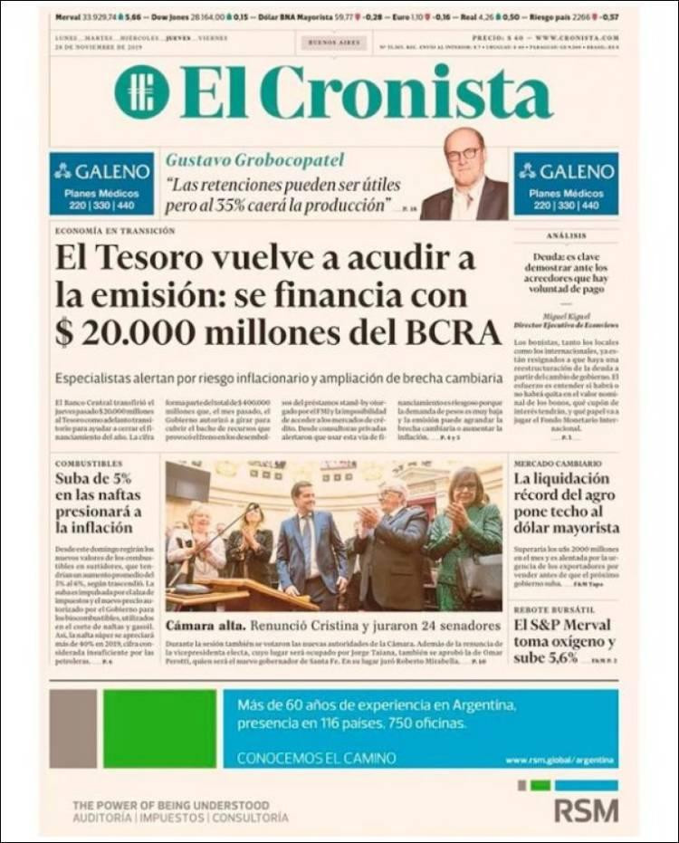 Tapas de diarios, El Cronista, jueves 28-11-19