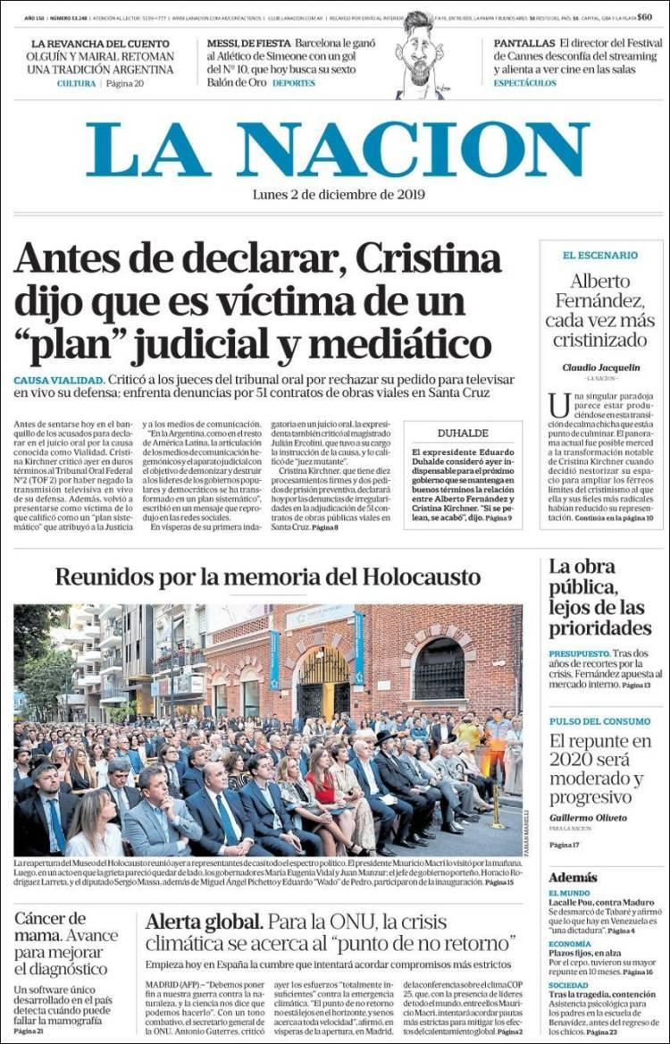 Tapas de diarios, La Nación lunes 2-12-19