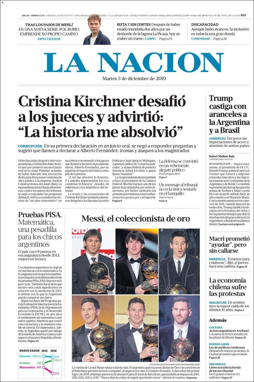 Tapas de diarios, La Nación, martes 3 de diciembre de 2019