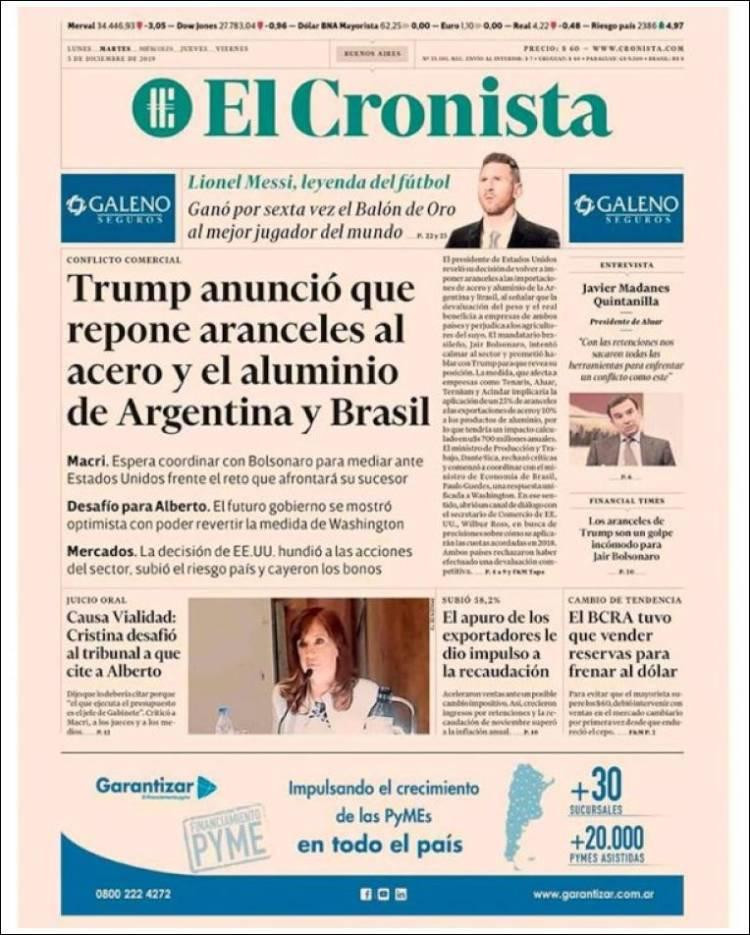 Tapas de diarios, El Cronista, martes 3 de diciembre de 2019