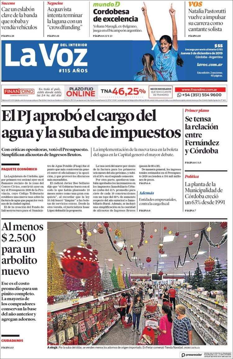 Tapas de diarios, La Voz jueves 05-12-19